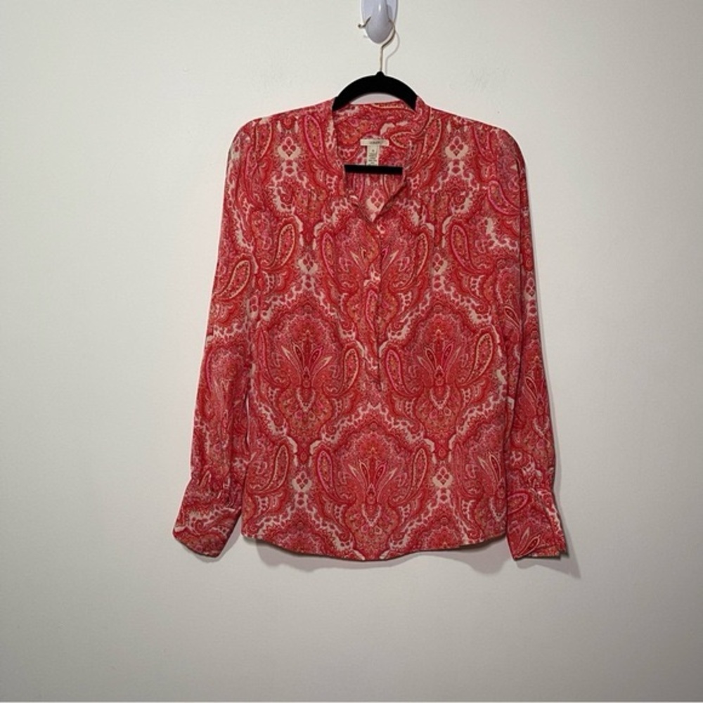 J Crew Women red coral Paisley popover long sleeve 100% silk blouse in size 10